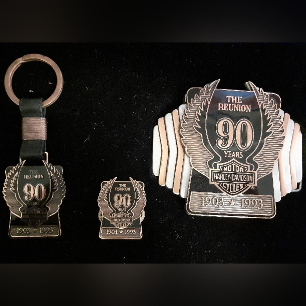 HARLEY DAVIDSON BELT BUCKLE SET 90TH REUNION  3 PIECES..NEW